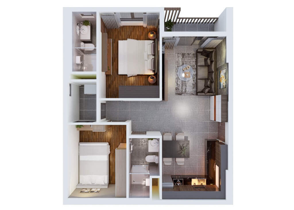 Thiết kế căn hộ 2PN dự án Honas Residence