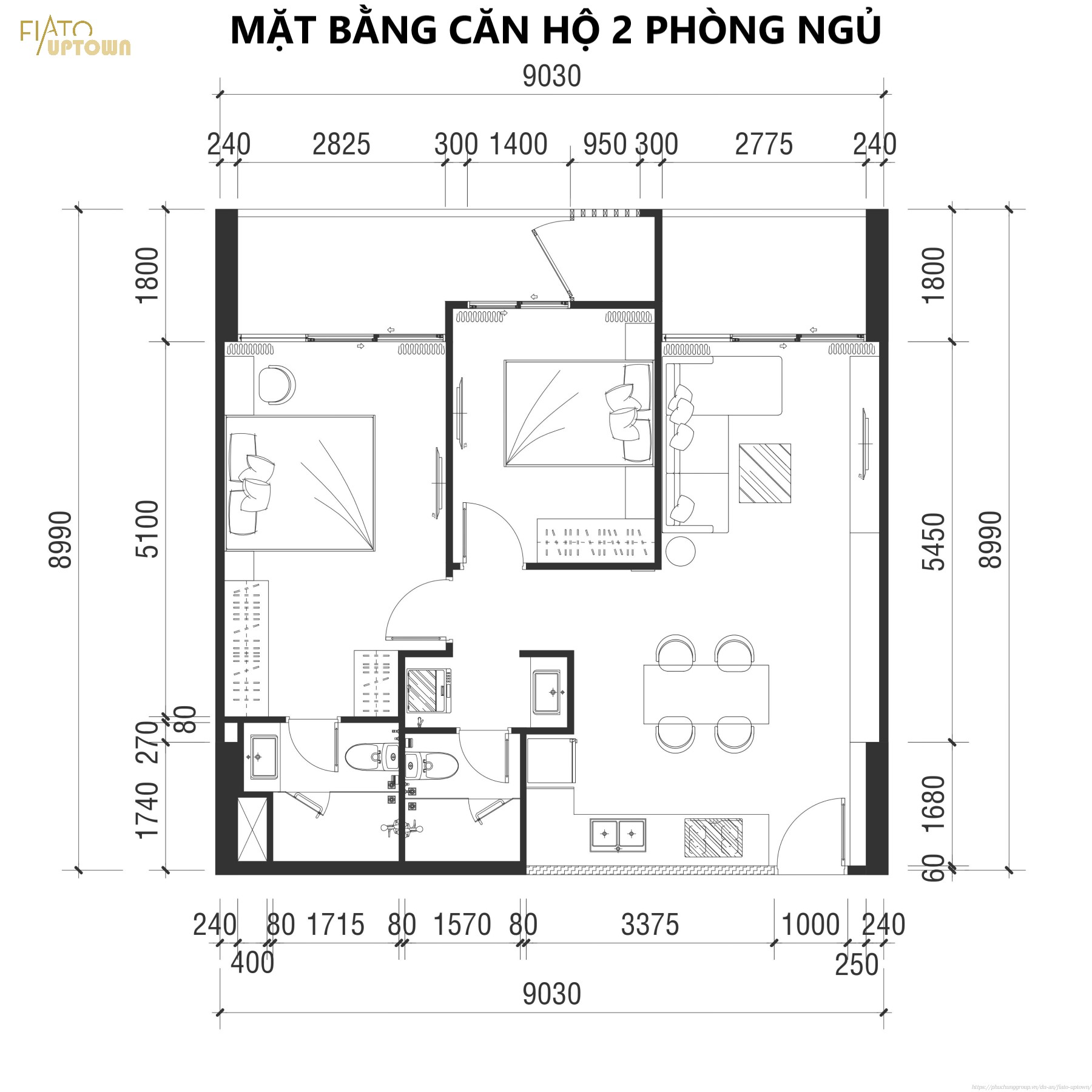 Mặt bằng căn hộ 2 phòng ngủ dự án Fiato Uptown Thủ Đức