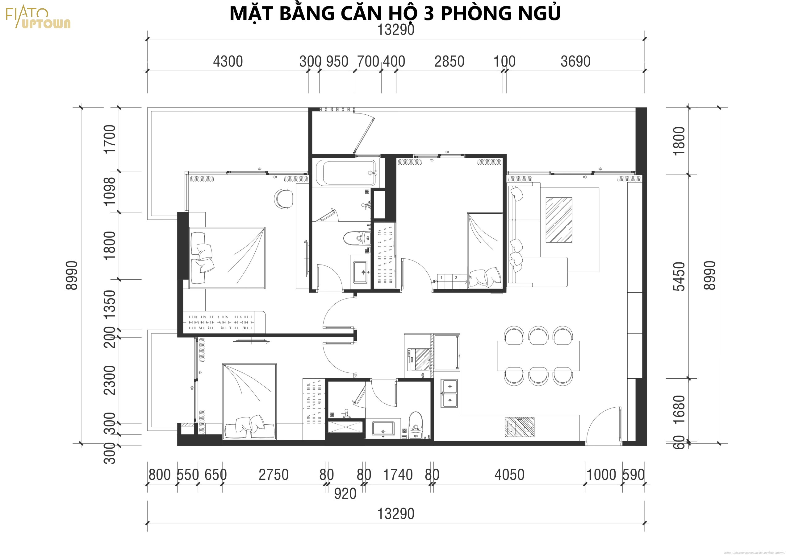 Mặt bằng căn hộ 3 phòng ngủ dự án Fiato Uptown Thủ Đức