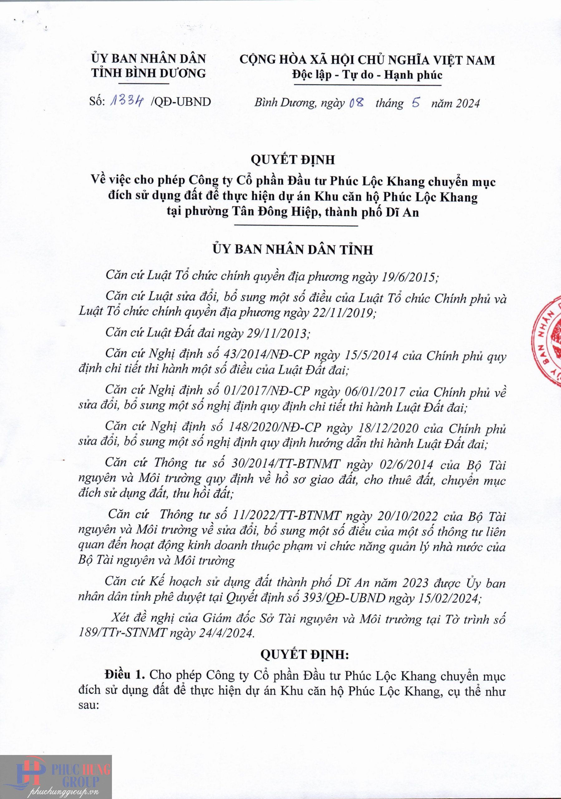 Quyết định 1334 – Cho Phép Chuyển Mục đích Sử Dụng đất để Thực Hiện Dự án Tt Avio Trang 01