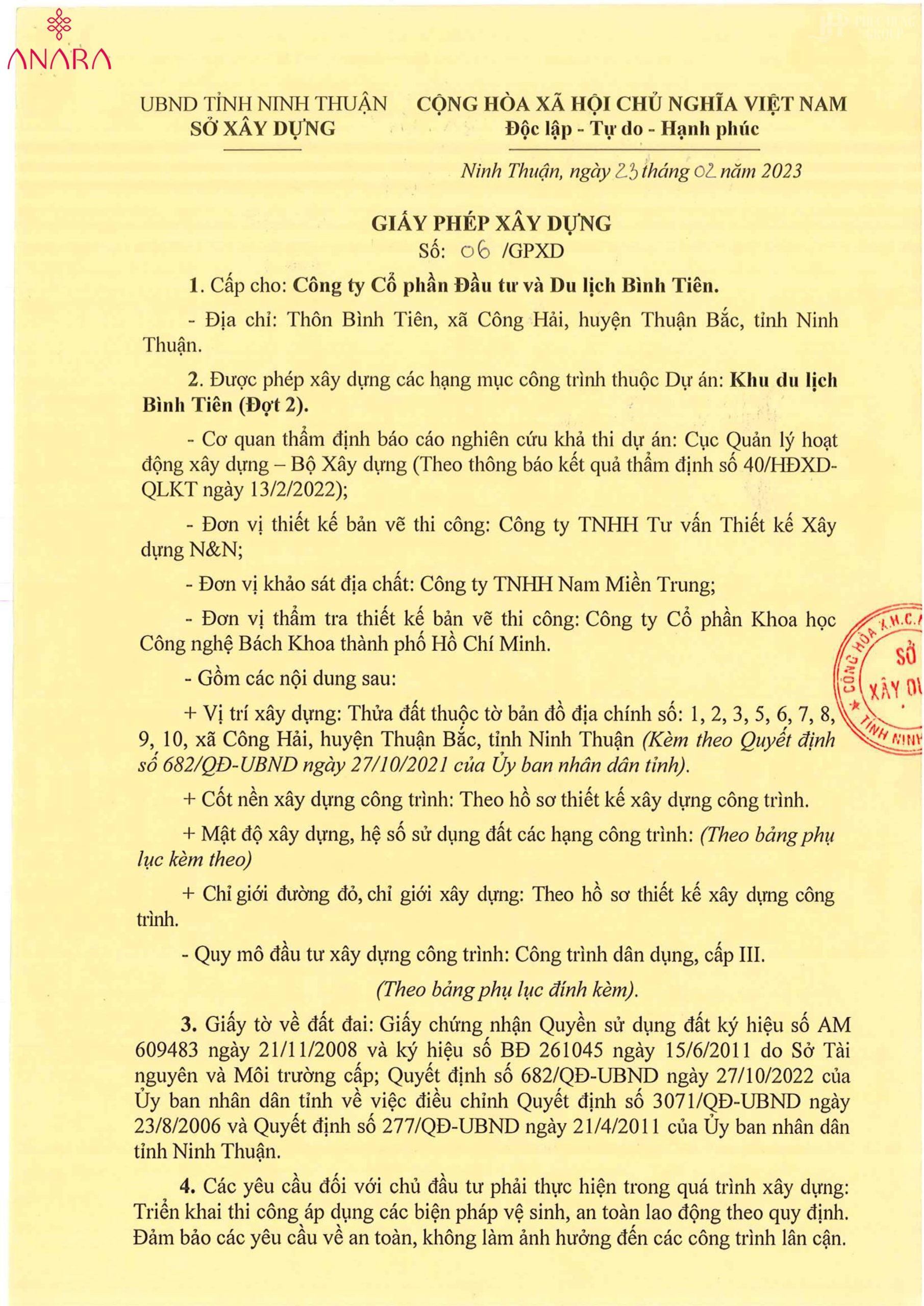 Giấy Phép Xây Dựng Số 06 Của Khu Du Lịch Bình Tiên (anara Bình Tiên)