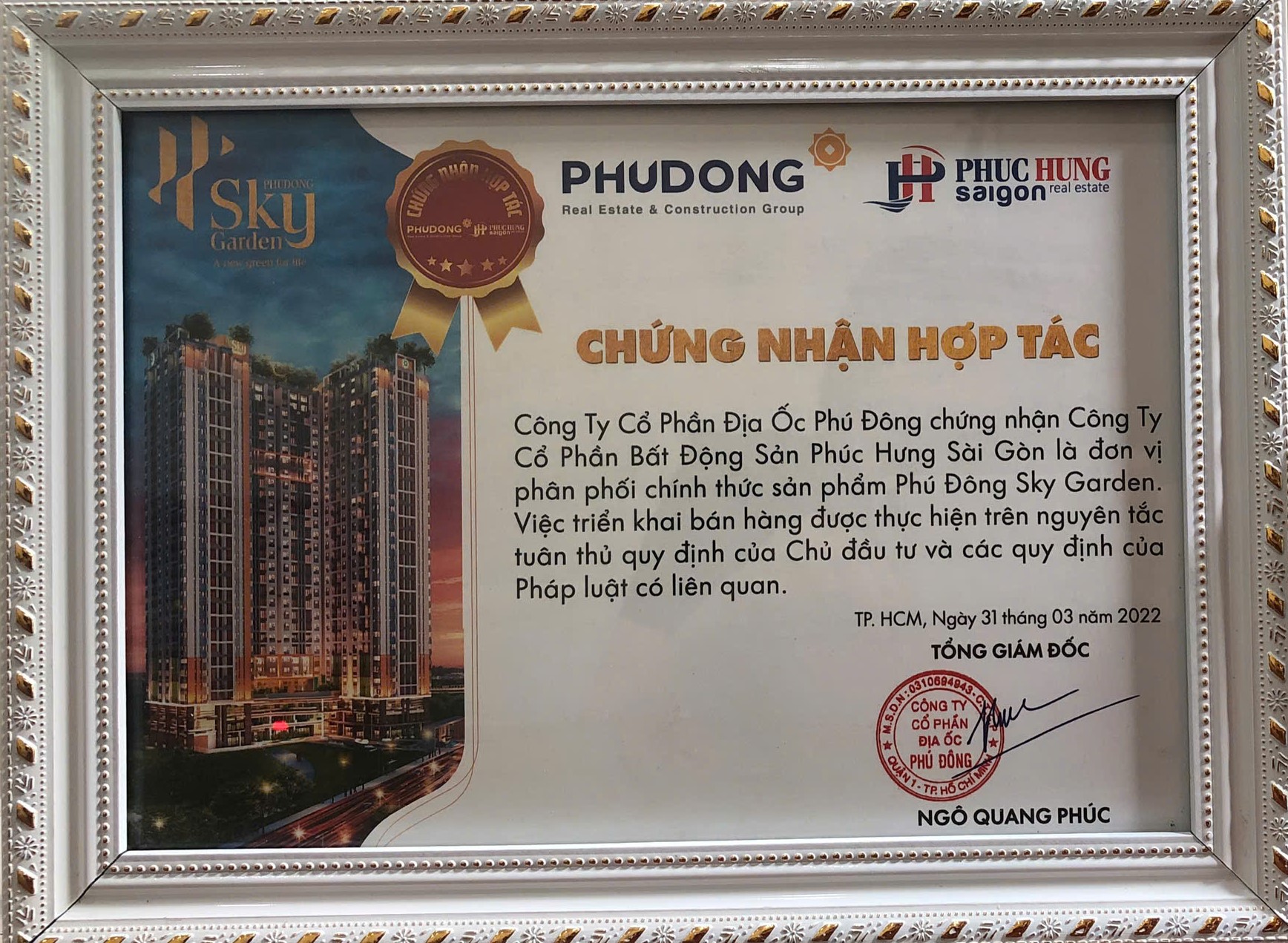 Chứng Nhận Hợp Tác Phúc Hưng Group Là đơn Vị Phân Phối Chính Thức Sản Phẩm Dự án Phú Đông Sky Garden