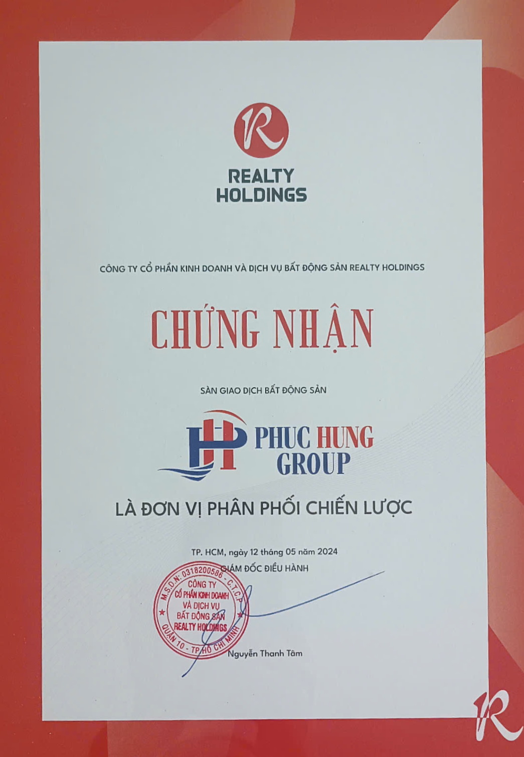 Công Ty Cp Kd Và BĐs Realty Holdings đã Chính Thức Công Nhận Phúc Hưng Group Là đơn Vị Phân Phối Chiến Lược Uy Tín