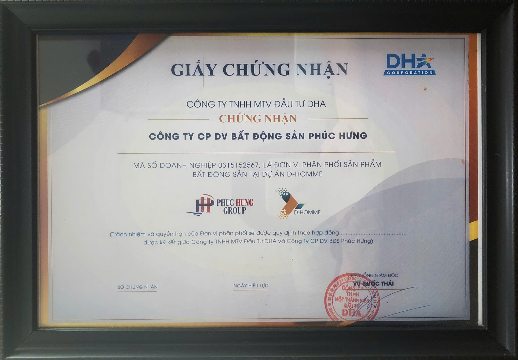 Giấy Chứng Nhận Phúc Hưng Group Là đơn Vị Phân Phối Sản Phẩm BĐs Dự án D-homeme